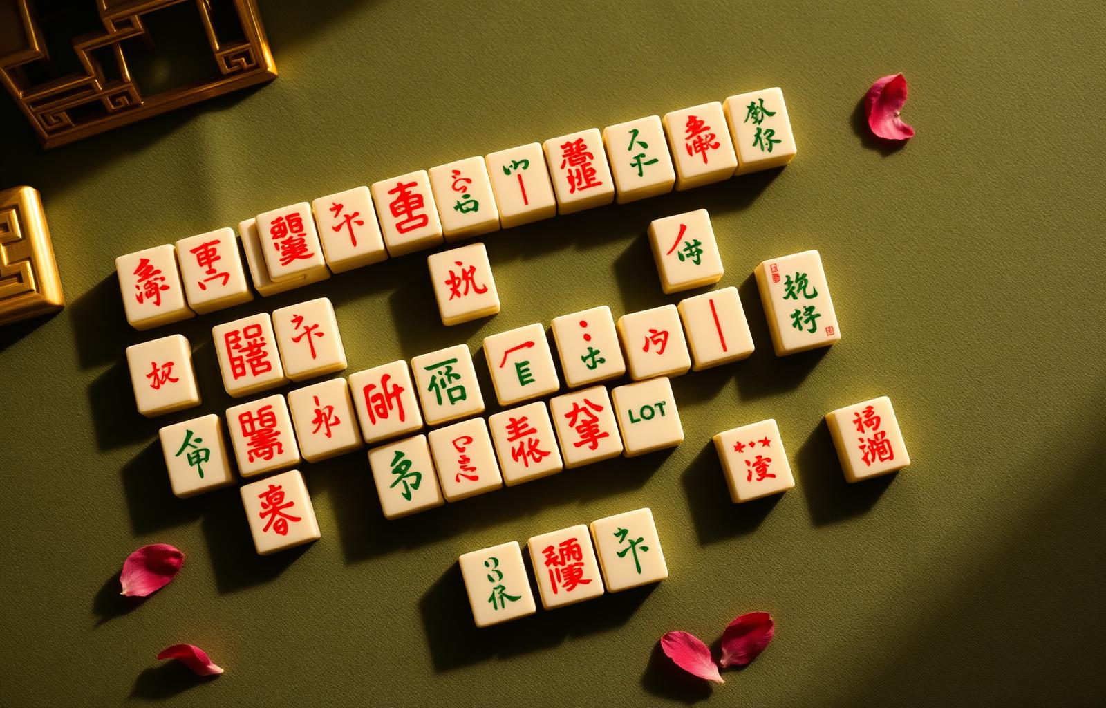 Traditional mahjong tiles on sage velvet